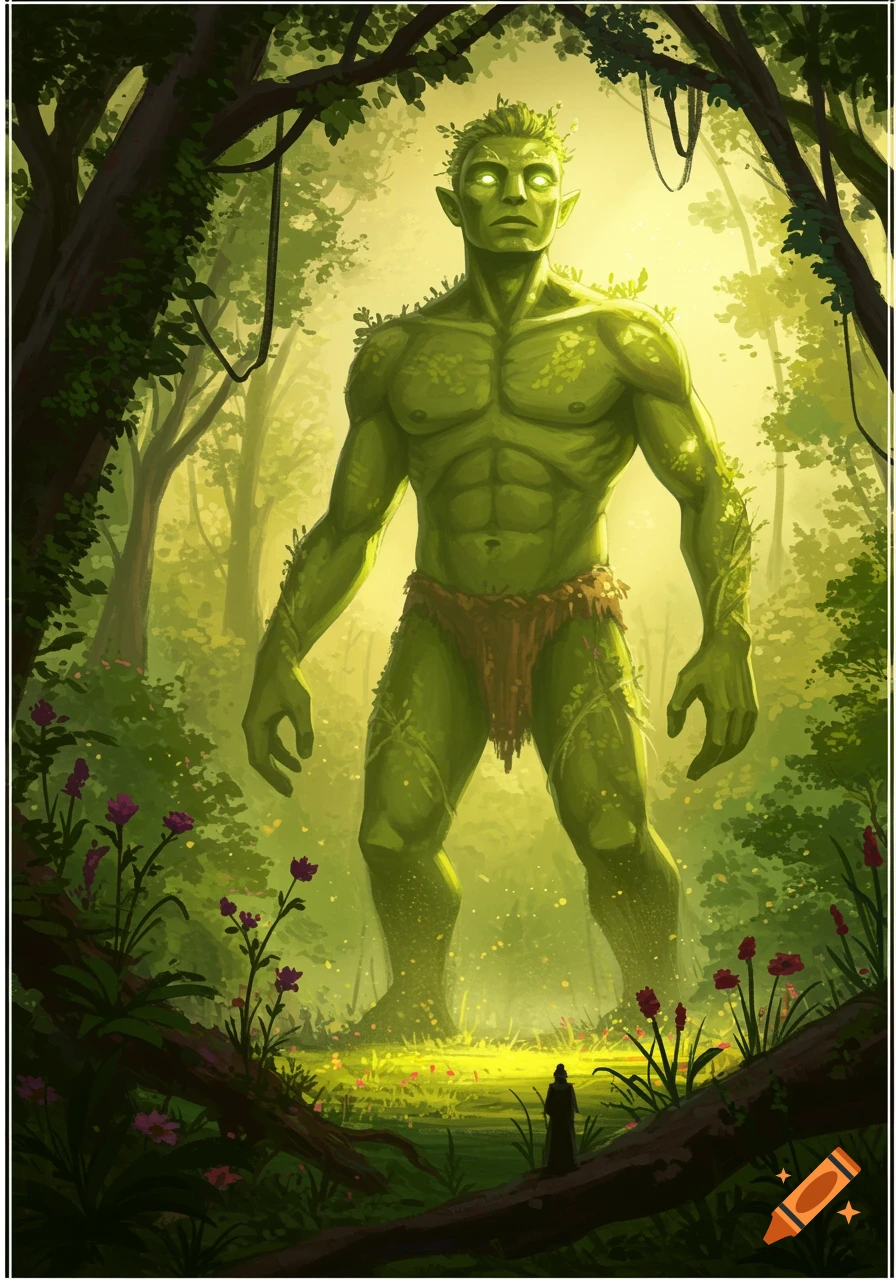 A towering green, muscular, leafy creature with glowing eyes stands in a vibrant, sunlit forest, a tiny figure below.