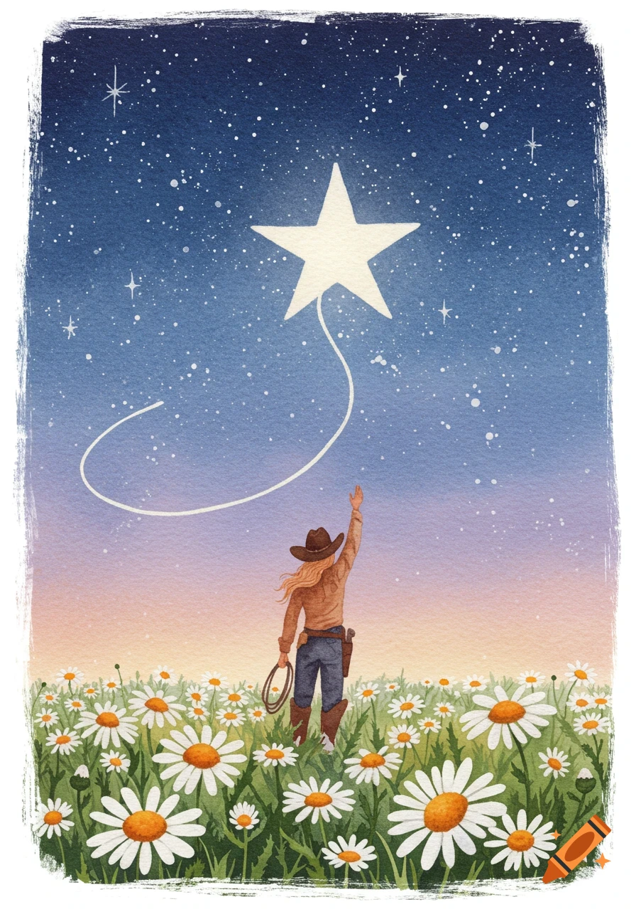 A watercolor painting of a cowgirl in a field of daisies, reaching up with a lasso towards a large star in the starry night sky.