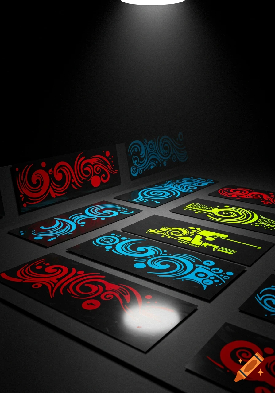 Multiple glowing red, blue, and yellow abstract swirl patterns on black rectangular panels arranged in a dark room with a spotlight.