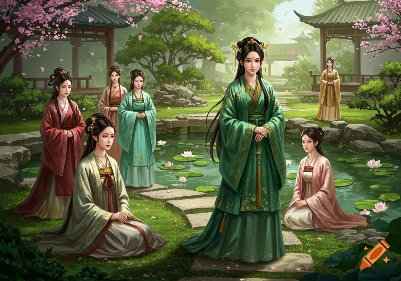 Seven Chinese women in traditional robes in a lush garden with a pond, lotus flowers, and cherry blossoms.