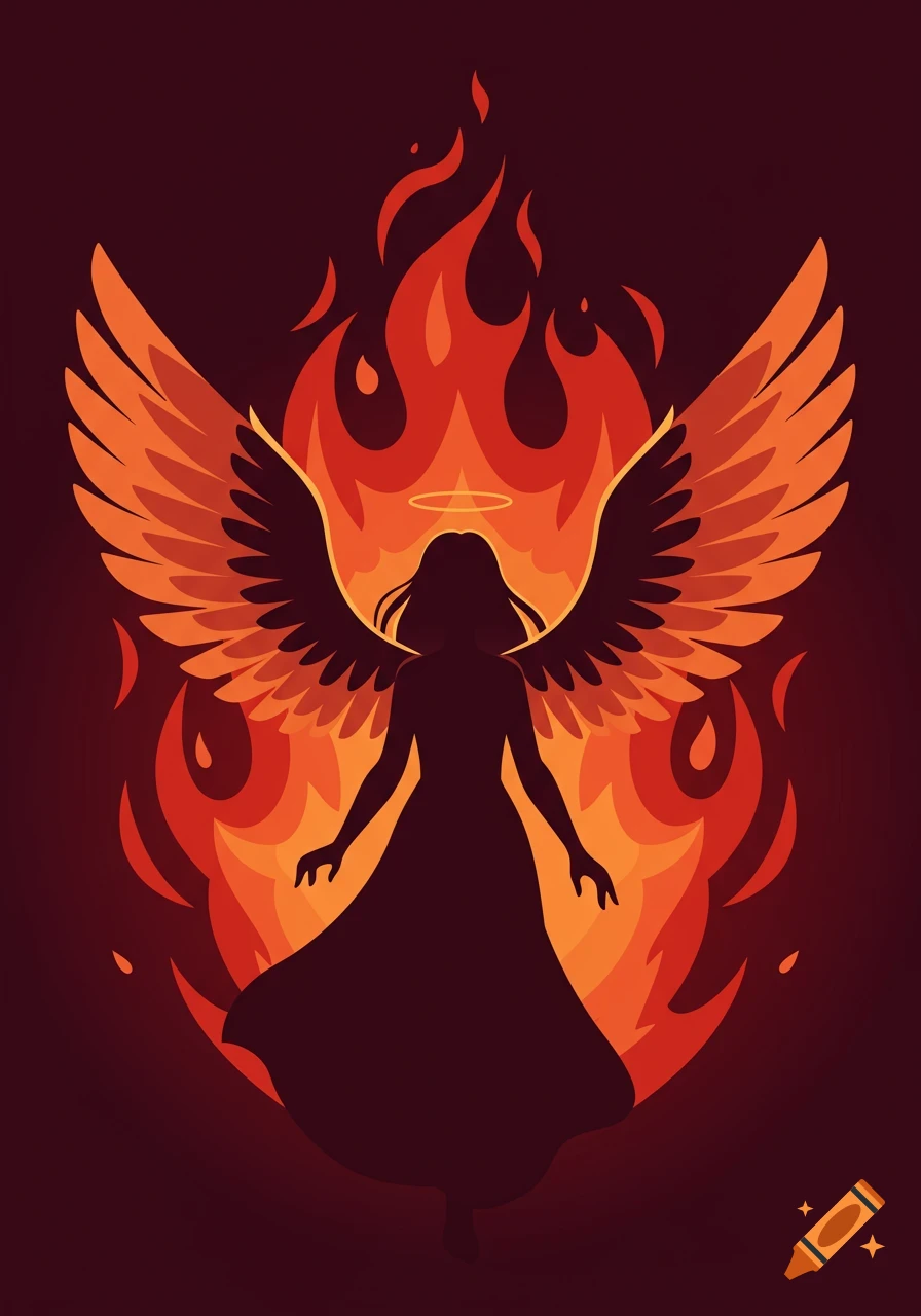 Minimalist illustration of a silhouetted figure with large wings and a halo, standing before a backdrop of vibrant orange and red flames.