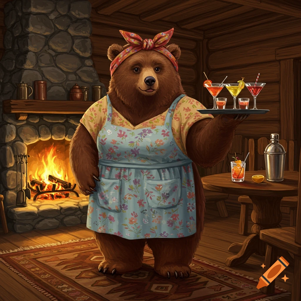 An anthropomorphic bear wearing a floral apron and red headwrap serves cocktails on a tray in a rustic wooden cabin with a lit fireplace.