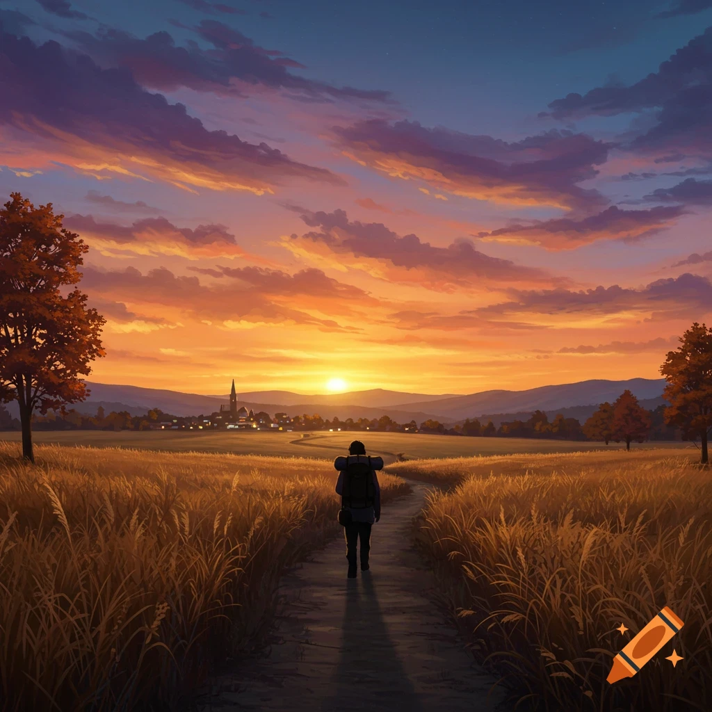 A person with a backpack walks on a path through a golden field towards a distant town at sunset under an orange and purple sky, digital art.
