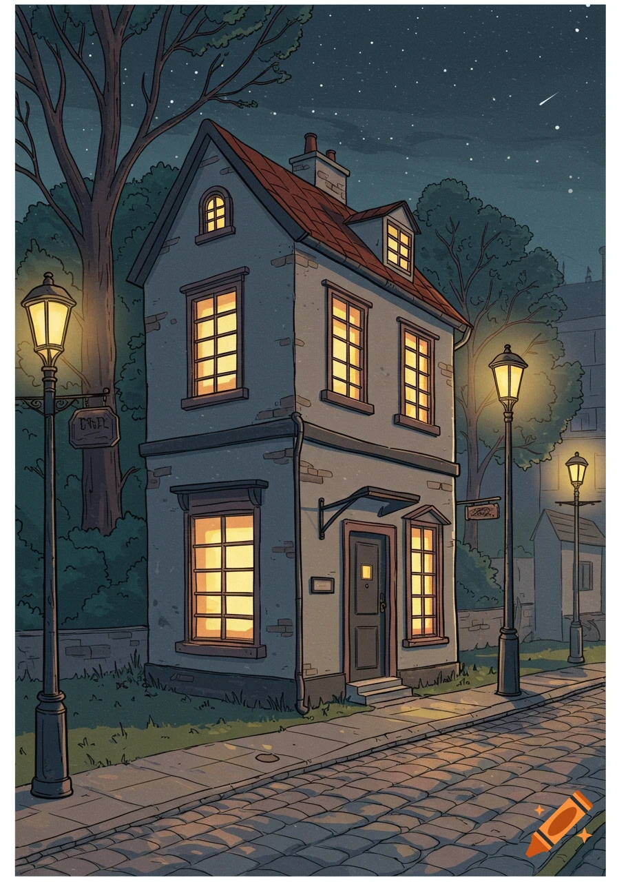 A cozy, cartoony illustration of a small two-story building with glowing windows, on a quiet cobblestone street at night, illuminated by lampposts under a starry sky.