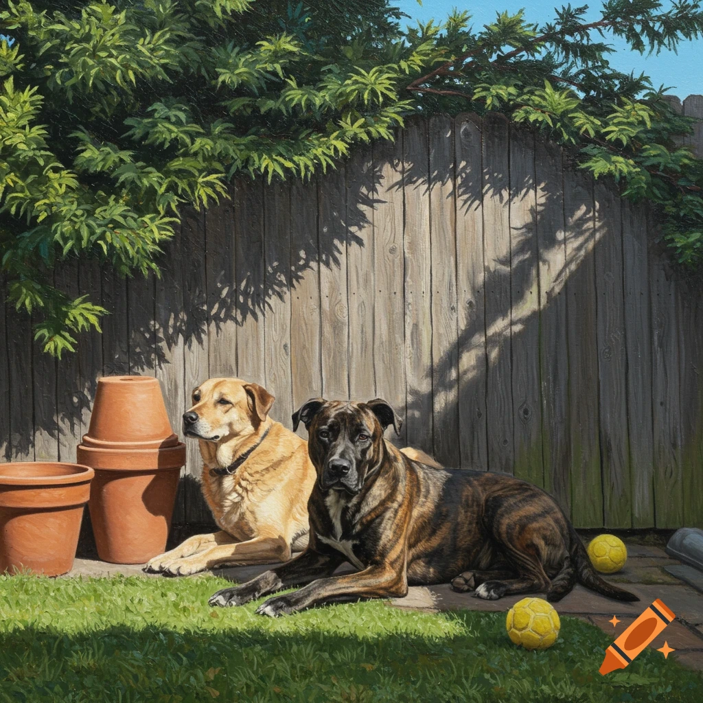 A realistic painting of a brindle dog and a tan dog lying in a sunny backyard with a wooden fence, terracotta pots, and yellow balls.