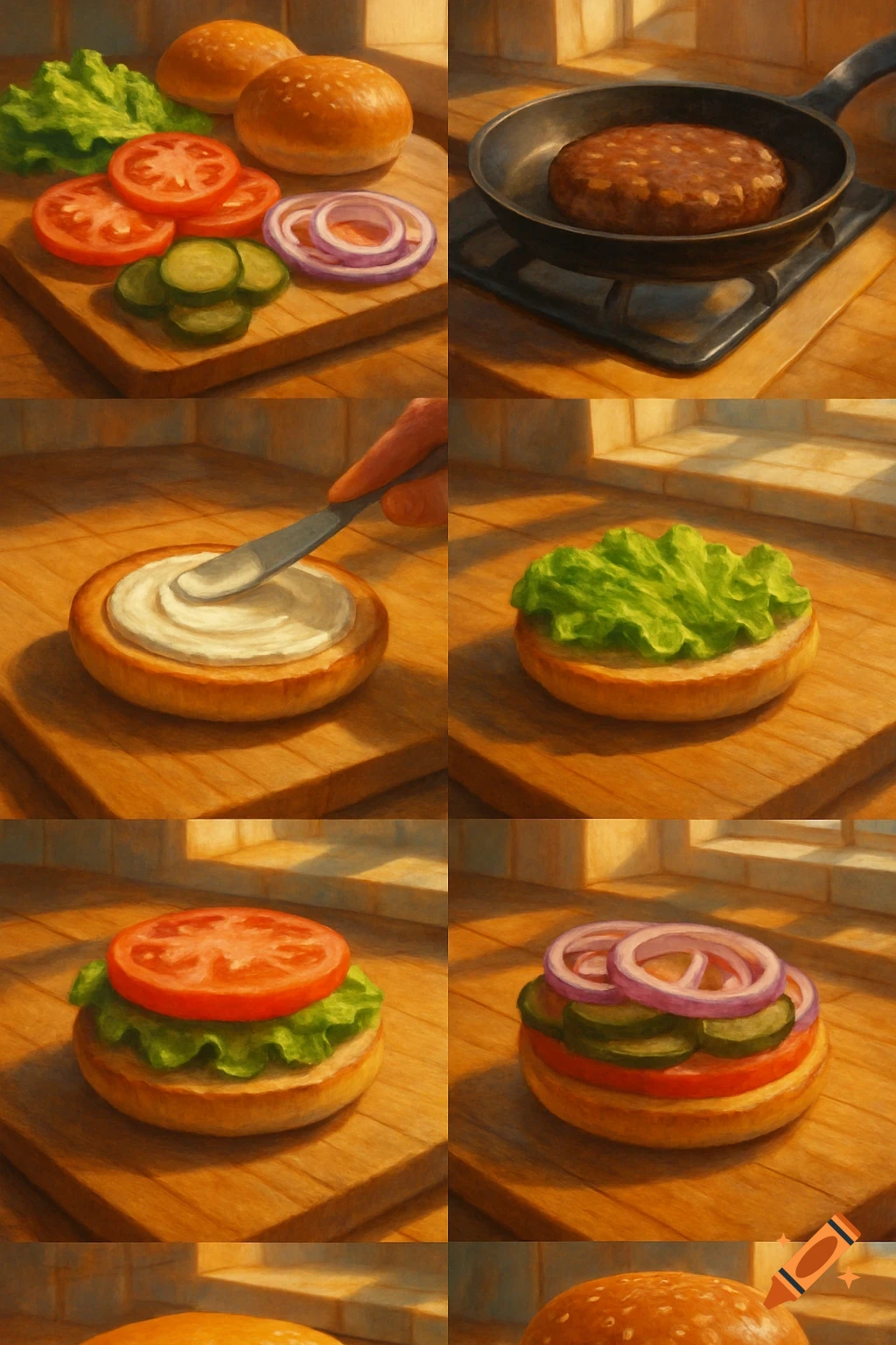 A step-by-step guide to making a burger, showing ingredients like buns, lettuce, tomato, onion, pickles, and a cooking patty on a wooden surface.