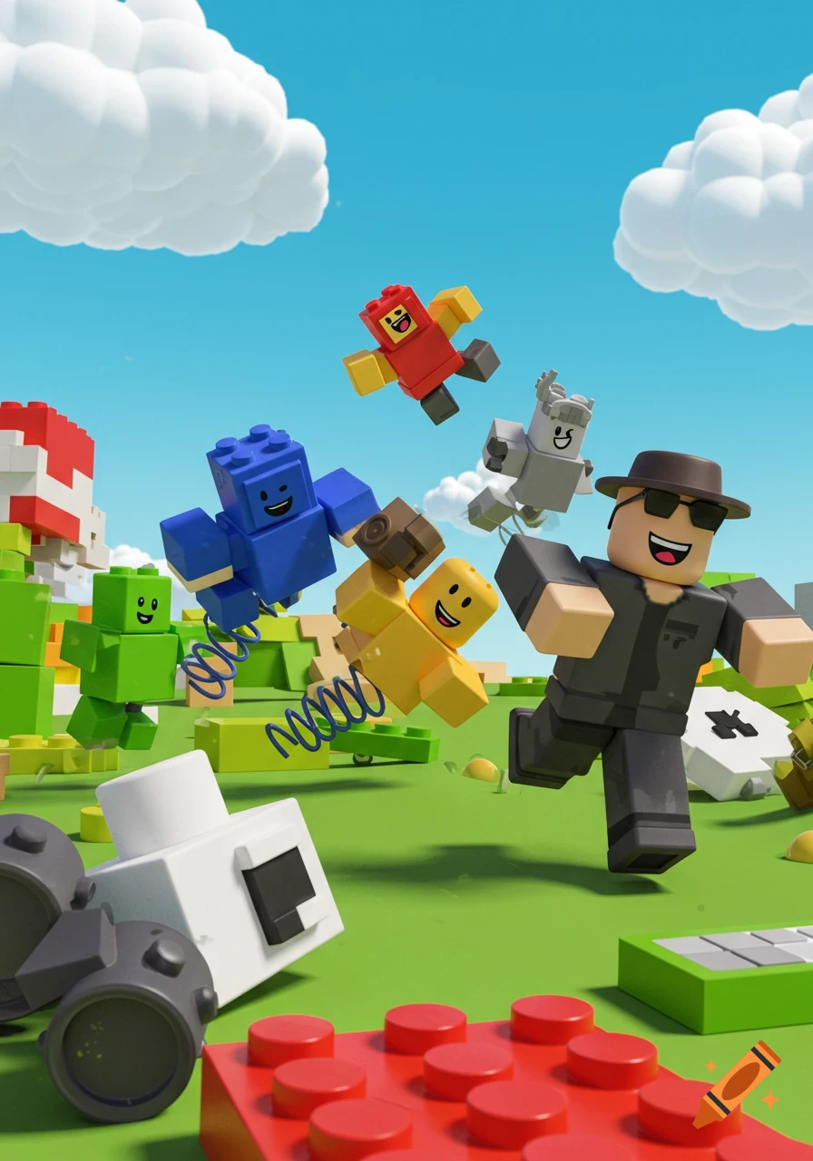 Blocky Roblox-style characters, some on springs, run across a green landscape filled with building blocks under a blue sky.