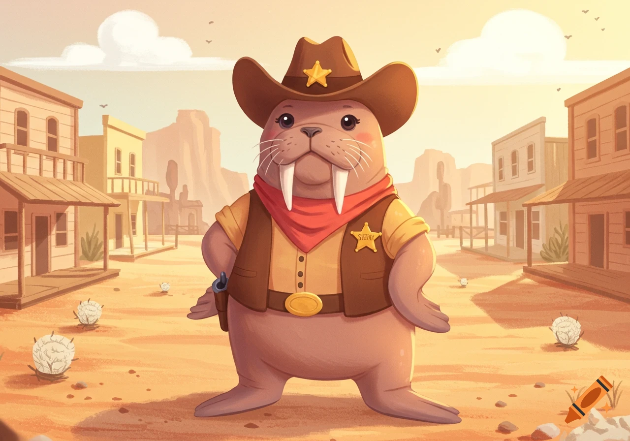 A cute cartoon walrus dressed as a sheriff, wearing a hat and a badge, stands in a dusty Old West town.