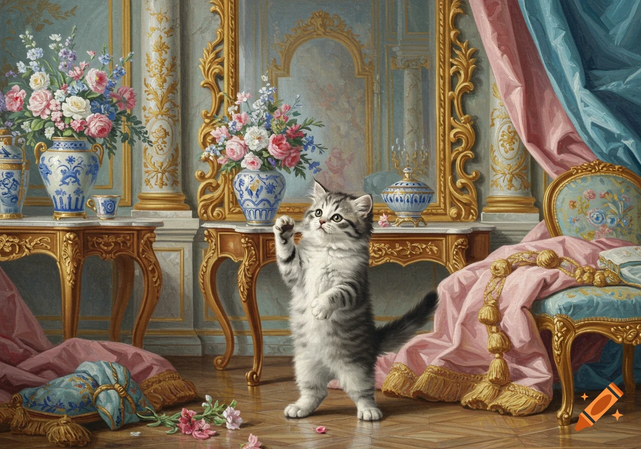 A fluffy grey and white tabby kitten stands on its hind legs in a lavish rococo room, surrounded by opulent furnishings, vases of flowers, and draped silk fabrics.