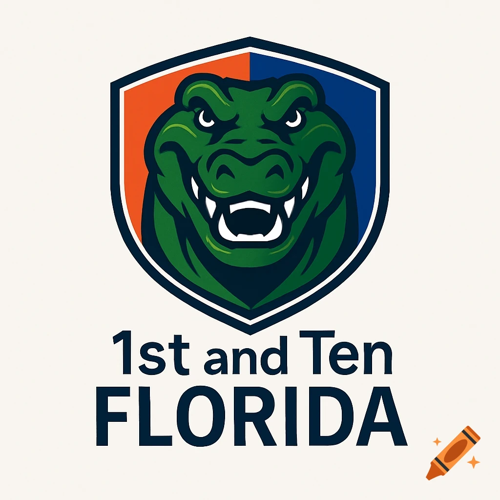 Modern logo with a green alligator head in a shield, with '1st and Ten FLORIDA' text below.