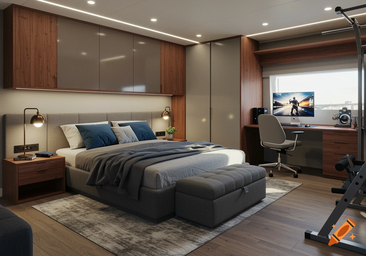 A modern bedroom with a large bed, two nightstands, a desk with a computer, and a pull-up dip station.