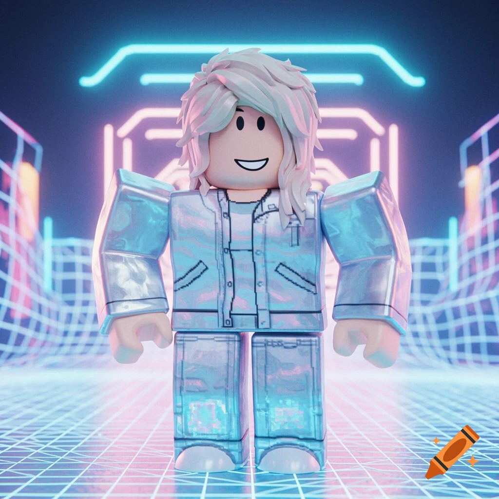 A white-haired Roblox avatar in a metallic silver jacket and pants stands smiling in a neon grid room.