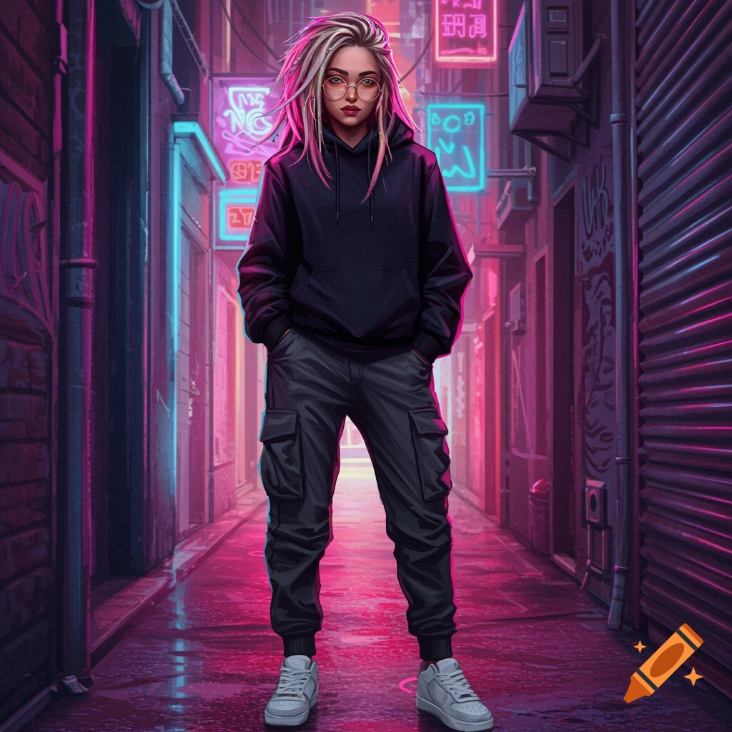 A young woman with blonde and pink hair, glasses, and a black hoodie stands in a neon-lit cyberpunk alley.
