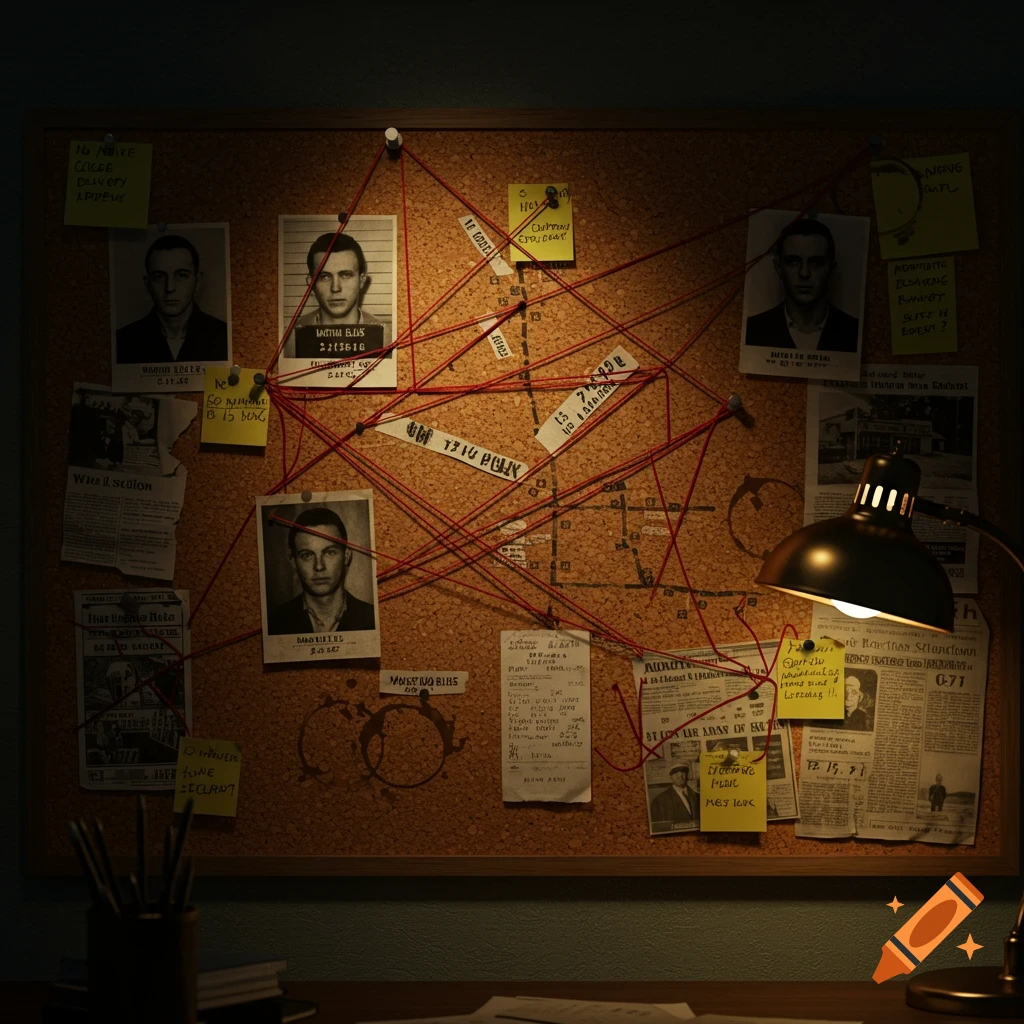 A dimly lit detective's corkboard with mugshots, notes, newspaper clippings, and red strings connecting evidence, in a film noir style.
