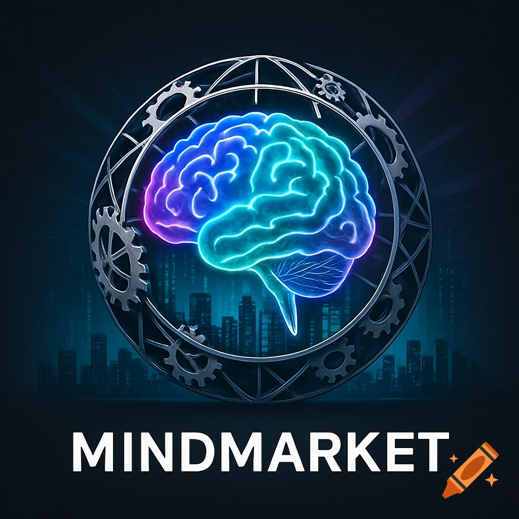 A glowing blue and purple brain inside a metallic gear sphere above a city silhouette with 'MINDMARKET' text.