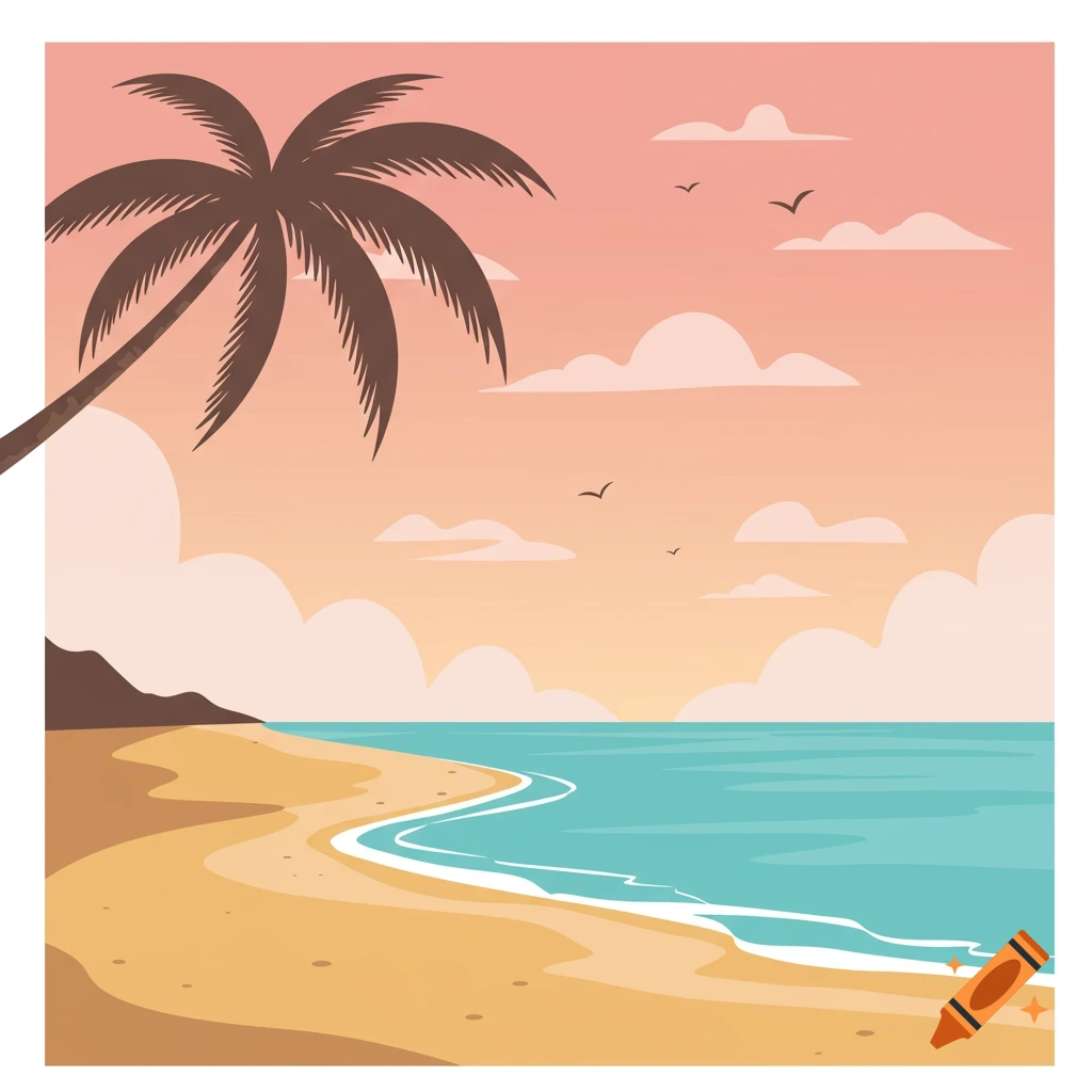 Stylized illustration of a tropical beach with a palm tree, ocean, sand, and birds flying in a colorful sky.