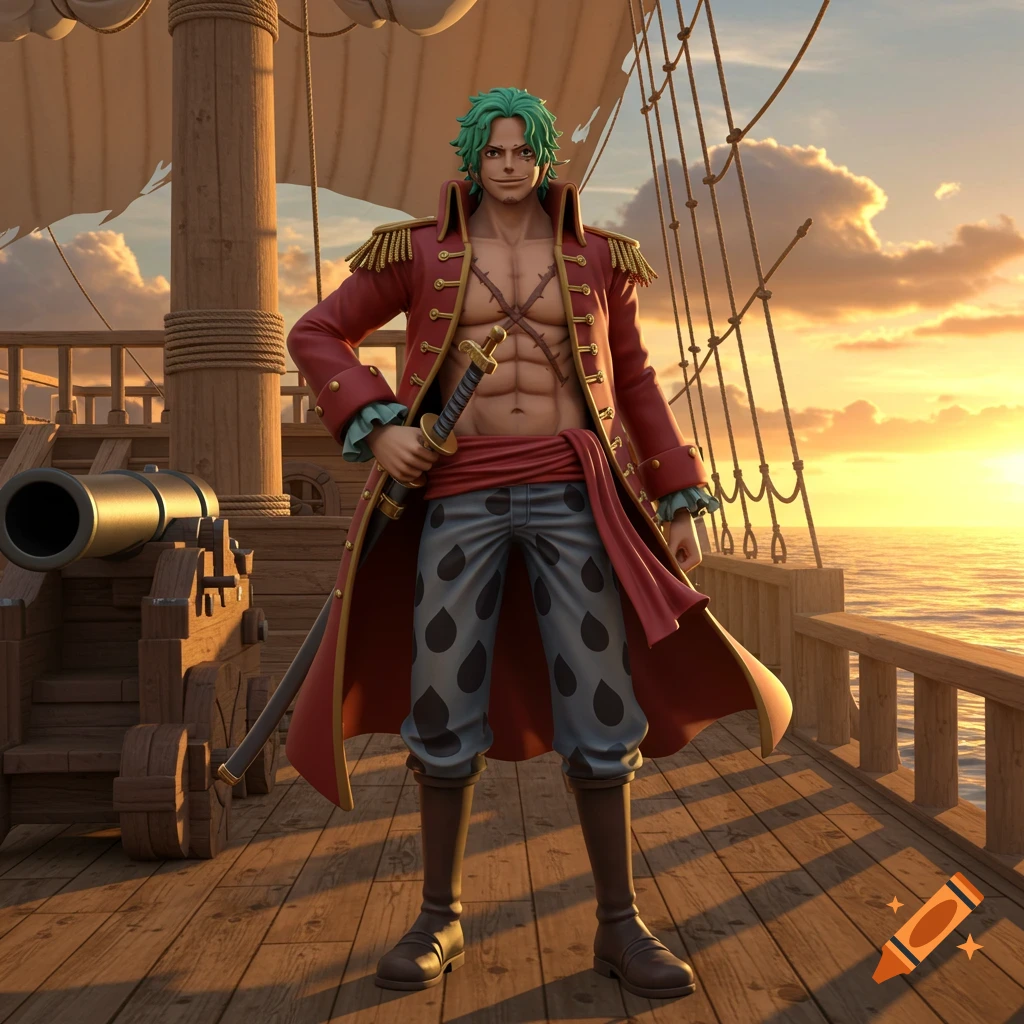 An anime character with green hair and a red coat stands on a pirate ship deck at sunset, holding a sword.