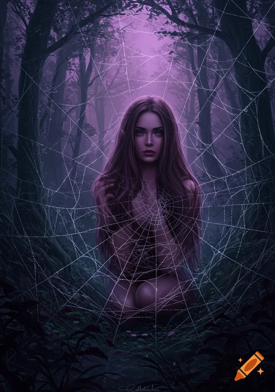 A beautiful woman with long hair is entangled in a large spiderweb in a dark, ethereal forest.