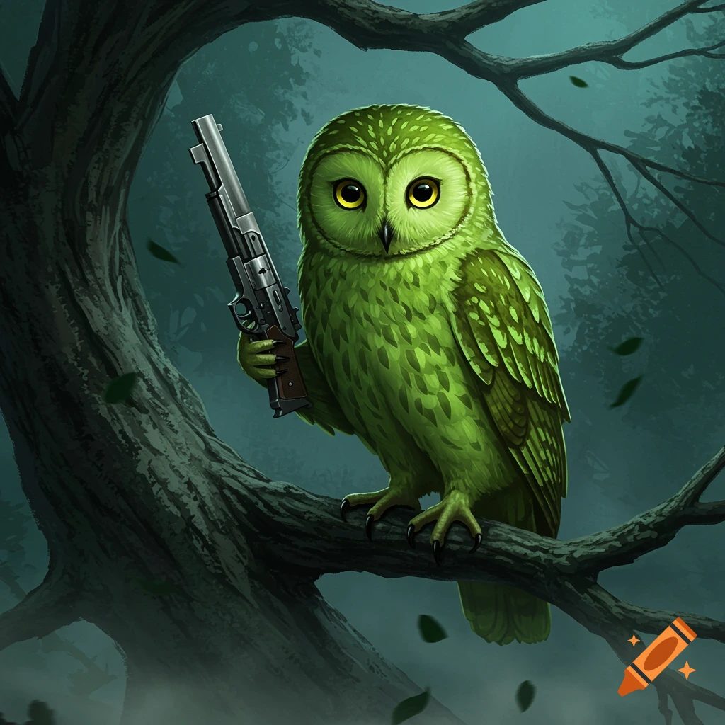 A bright green owl with large yellow eyes sits on a tree branch at night, holding a silver revolver.