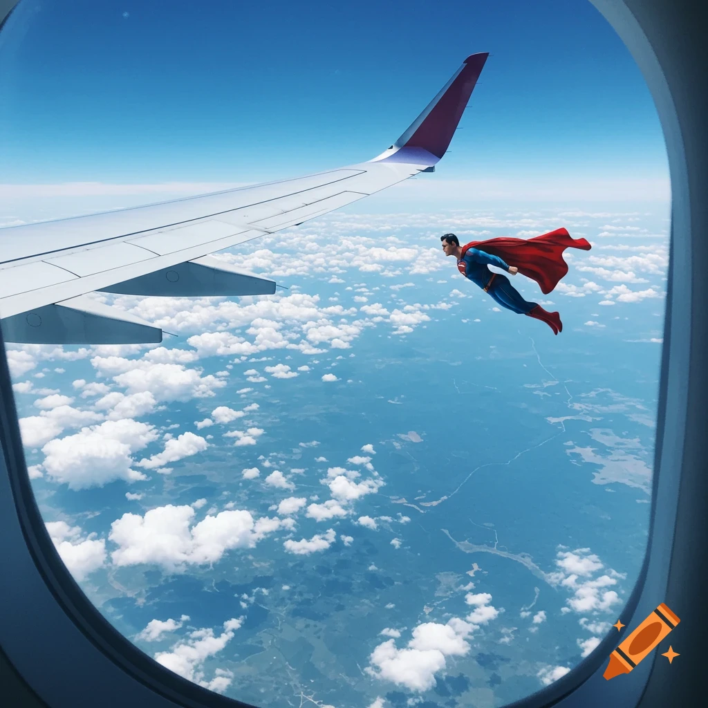 View from an airplane window showing Superman flying alongside the plane above clouds and land.