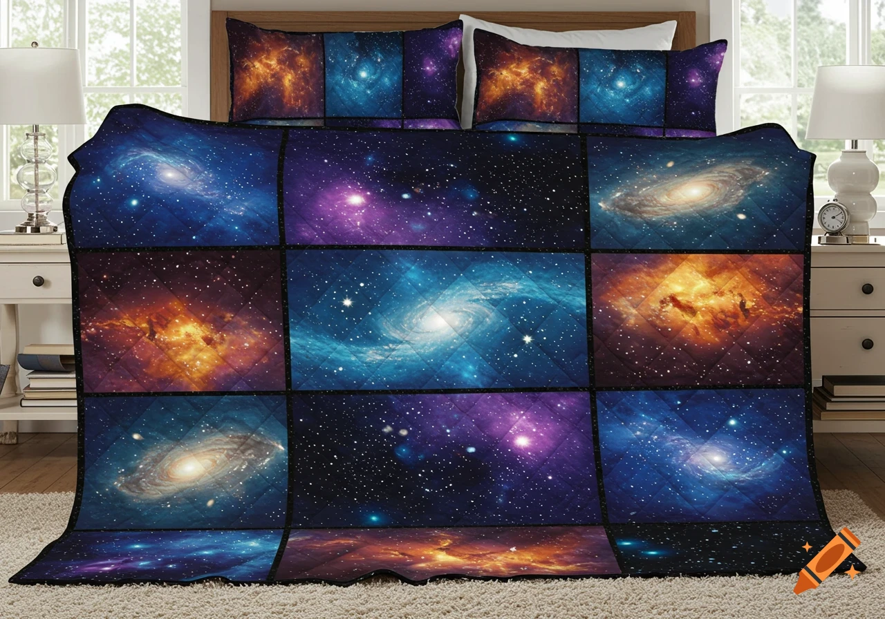 A bed with a space-themed quilt and pillows featuring colorful galaxies and nebulae, set in a bright bedroom.