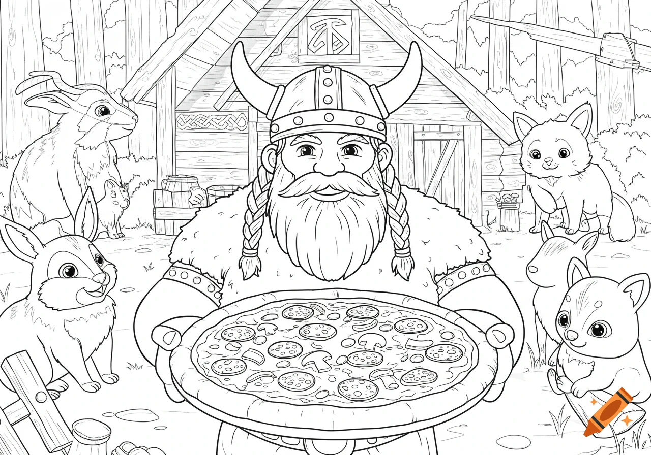 A coloring book image of a happy viking holding a pizza, surrounded by various cartoon animals like rabbits and foxes, in front of a wooden hut.