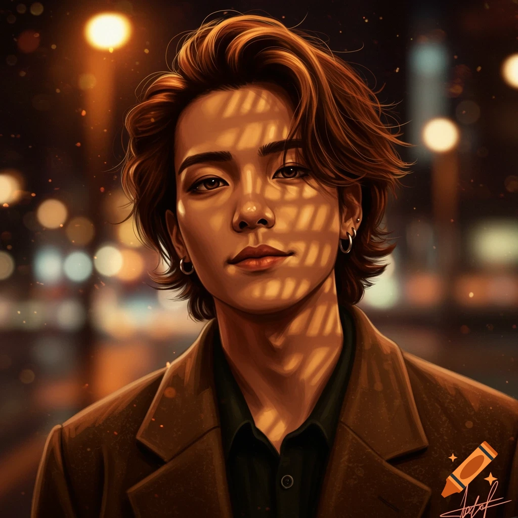 Stylized portrait of a young man with brown hair and earrings, lit by warm streetlights, casting shadows on his face.