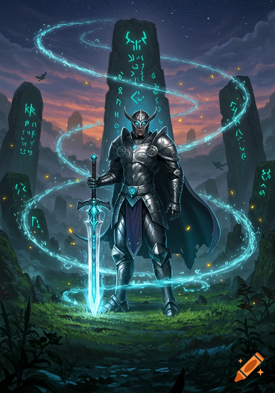 A knight in shining armor with a glowing sword stands among ancient, glowing runic monoliths under a starry, twilight sky.