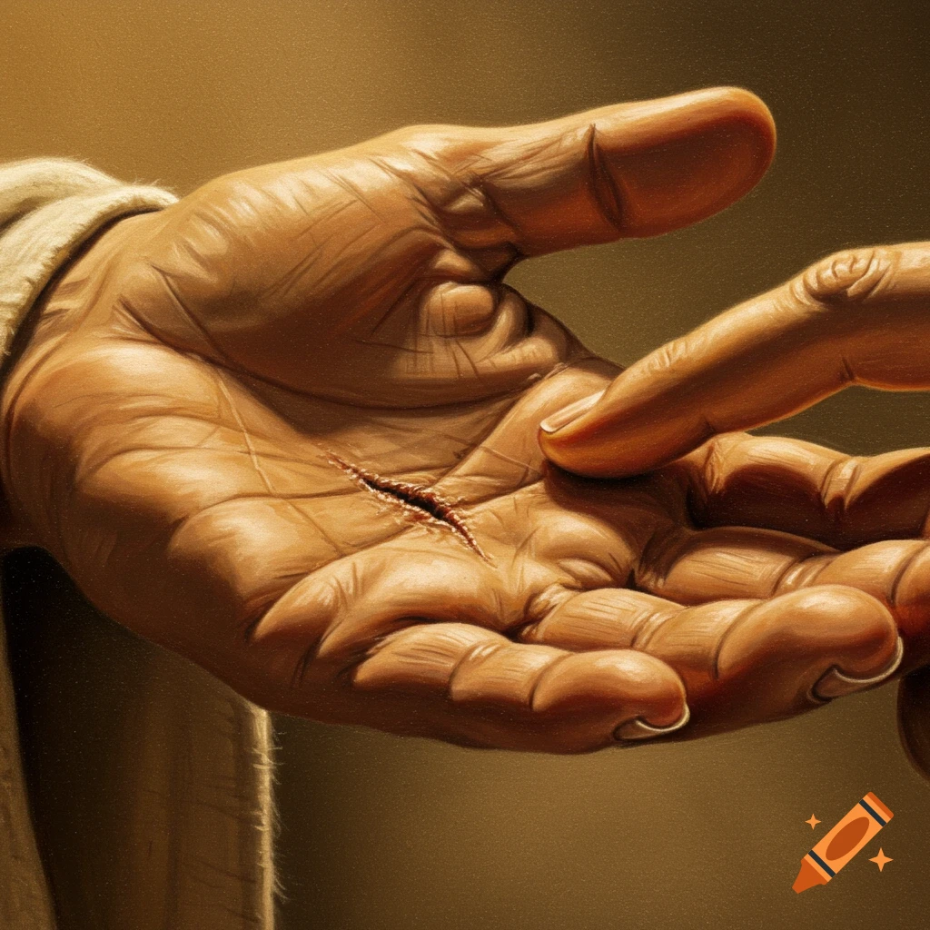 Close-up realistic drawing of a scarred palm being touched by another person's fingers.