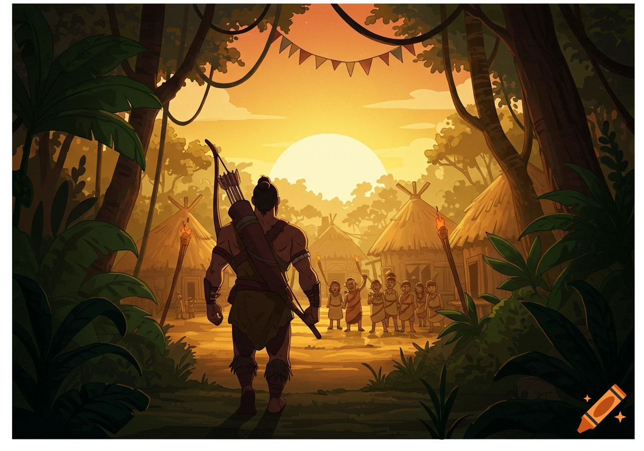 A cartoon illustration shows a hunter with a bow and arrow, seen from the back, returning from a jungle path towards a village of thatched huts, where villagers await his arrival at sunset.