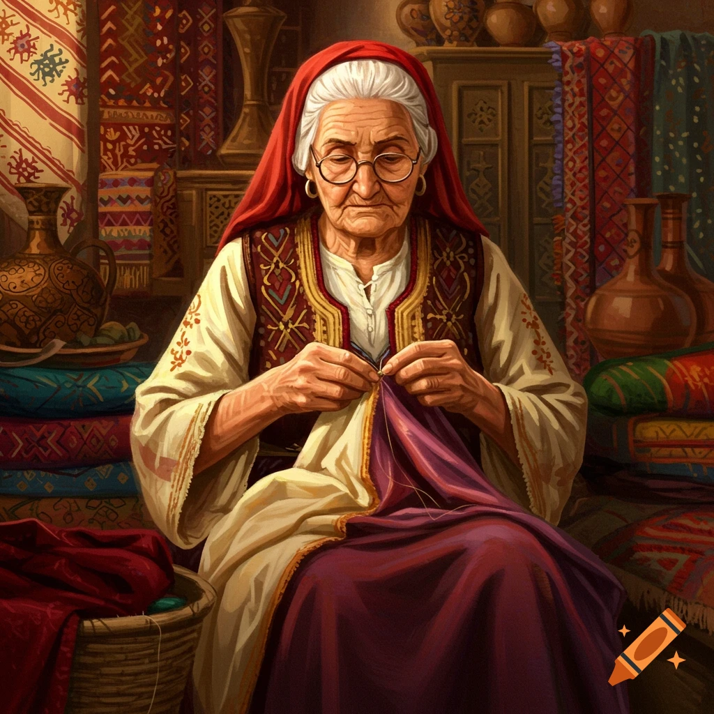 An elderly Tunisian woman with a red headscarf and traditional clothing sews by hand in a cozy room filled with colorful patterned fabrics and pottery, painted in warm tones.