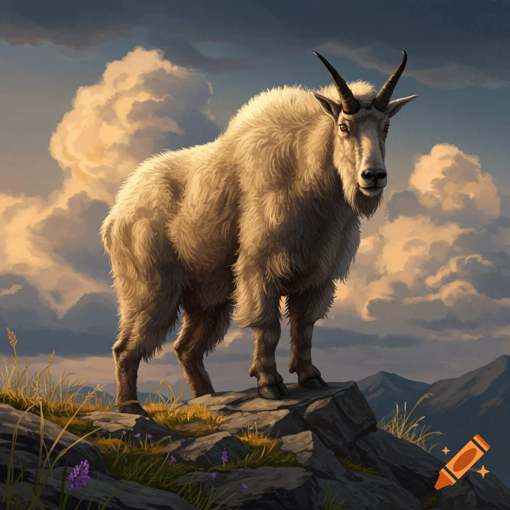 A white mountain goat with horns stands on a rocky peak, with fluffy clouds and distant mountains in the background.