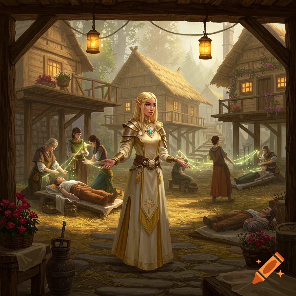 An elfish blonde cleric watches other clerics heal sick villagers with green magic in a detailed fantasy hamlet with houses on stilts.