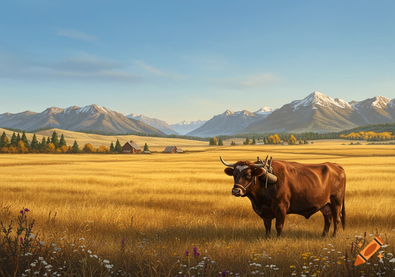 A brown ox with a yoke stands in a golden field with snowy mountains in the background under a blue sky, in a photorealistic style.