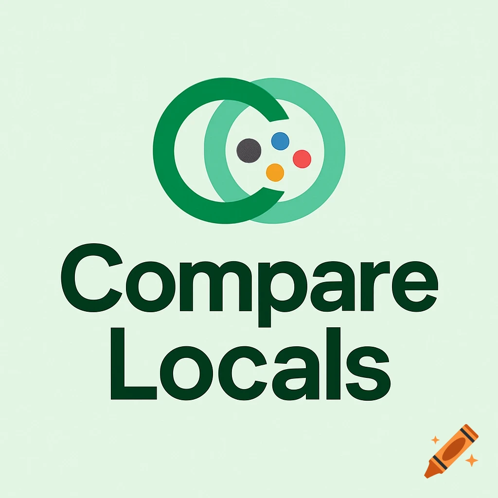 Logo for Compare Locals featuring two intertwined green 'C' shapes and colored dots above the text 'Compare Locals' on a light green background.