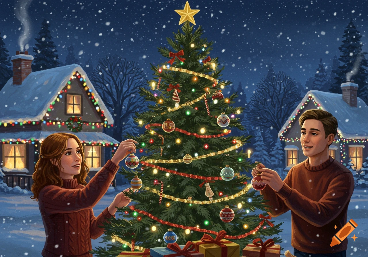 A couple decorates a large, brightly lit Christmas tree outdoors in front of snow-covered houses decorated with festive lights at night.