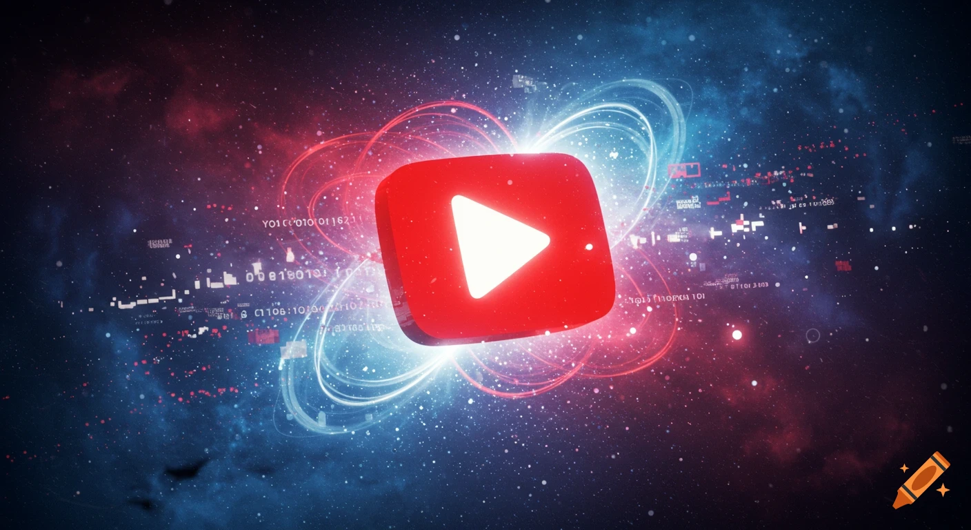 A vibrant red YouTube play button logo floats in a cosmic background with blue and red light trails and scattered digital data.