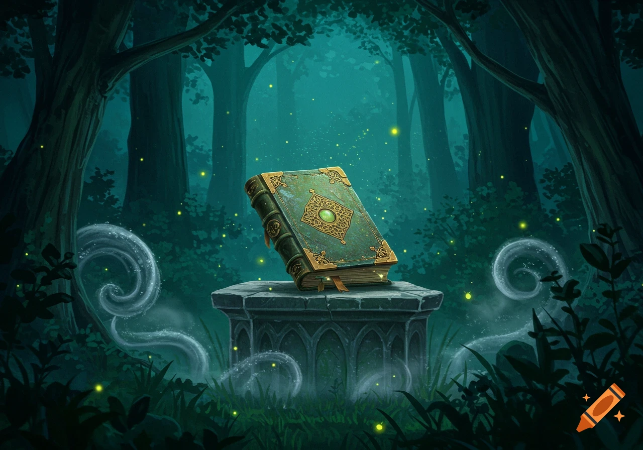 A mystical green book with golden embellishments sits on a stone pedestal in a dark, enchanting forest with glowing fireflies and magic.