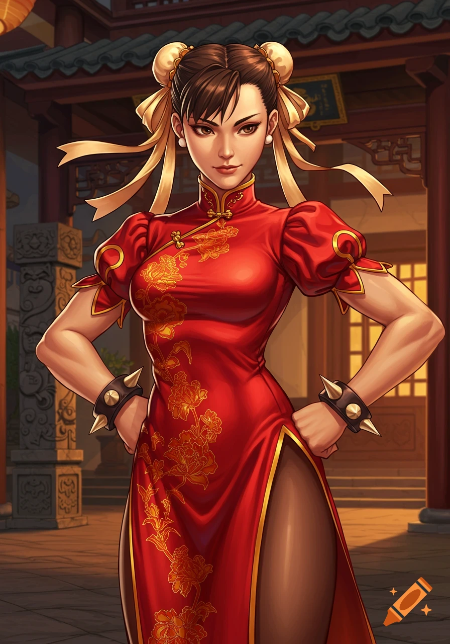 Chun-Li, a female character from Street Fighter, in her iconic red cheongsam dress with gold accents, stands with hands on hips.