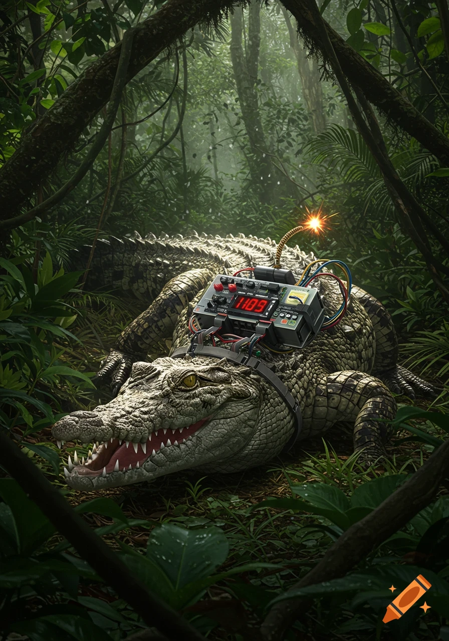 A large, realistic crocodile with its mouth open, has a ticking bomb strapped to its back, set in a lush, foggy jungle environment.