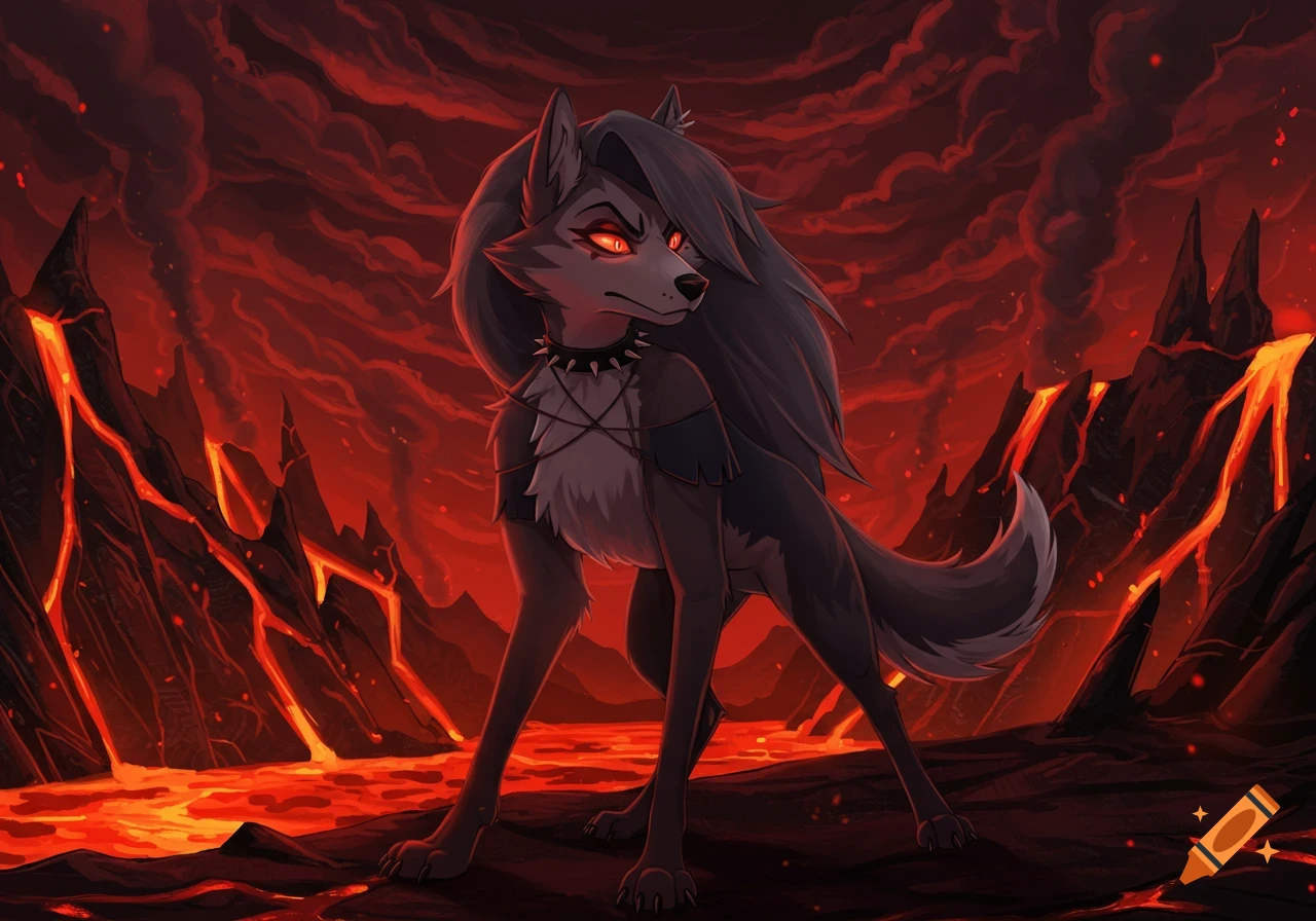Cartoon anthropomorphic wolf with glowing red eyes in a hellish landscape with lava.