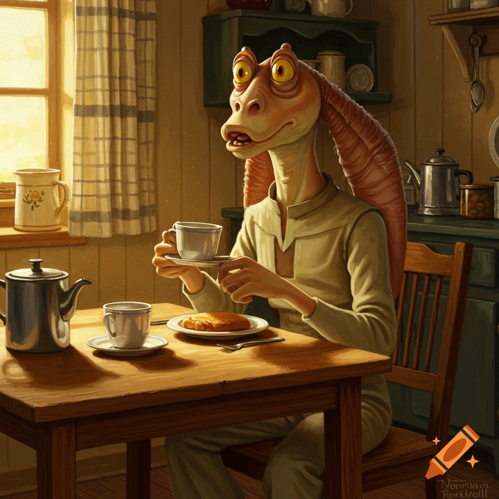 A painting of Jar Jar Binks in the style of Norman Rockwell, sitting at a wooden table in a sunlit kitchen, holding a teacup and saucer.