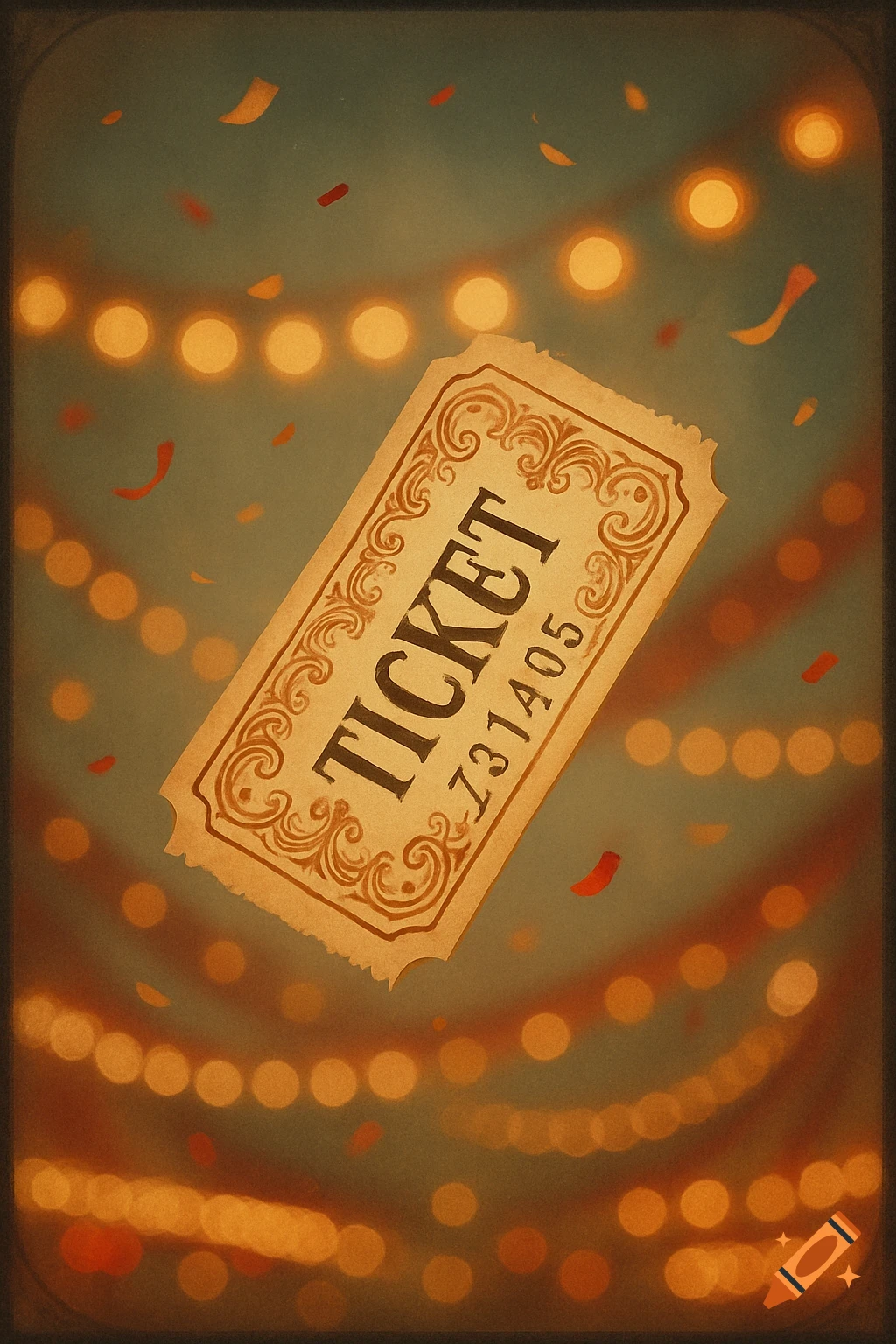 A vintage-style raffle ticket with the word "TICKET" on it, surrounded by glowing string lights and falling confetti.