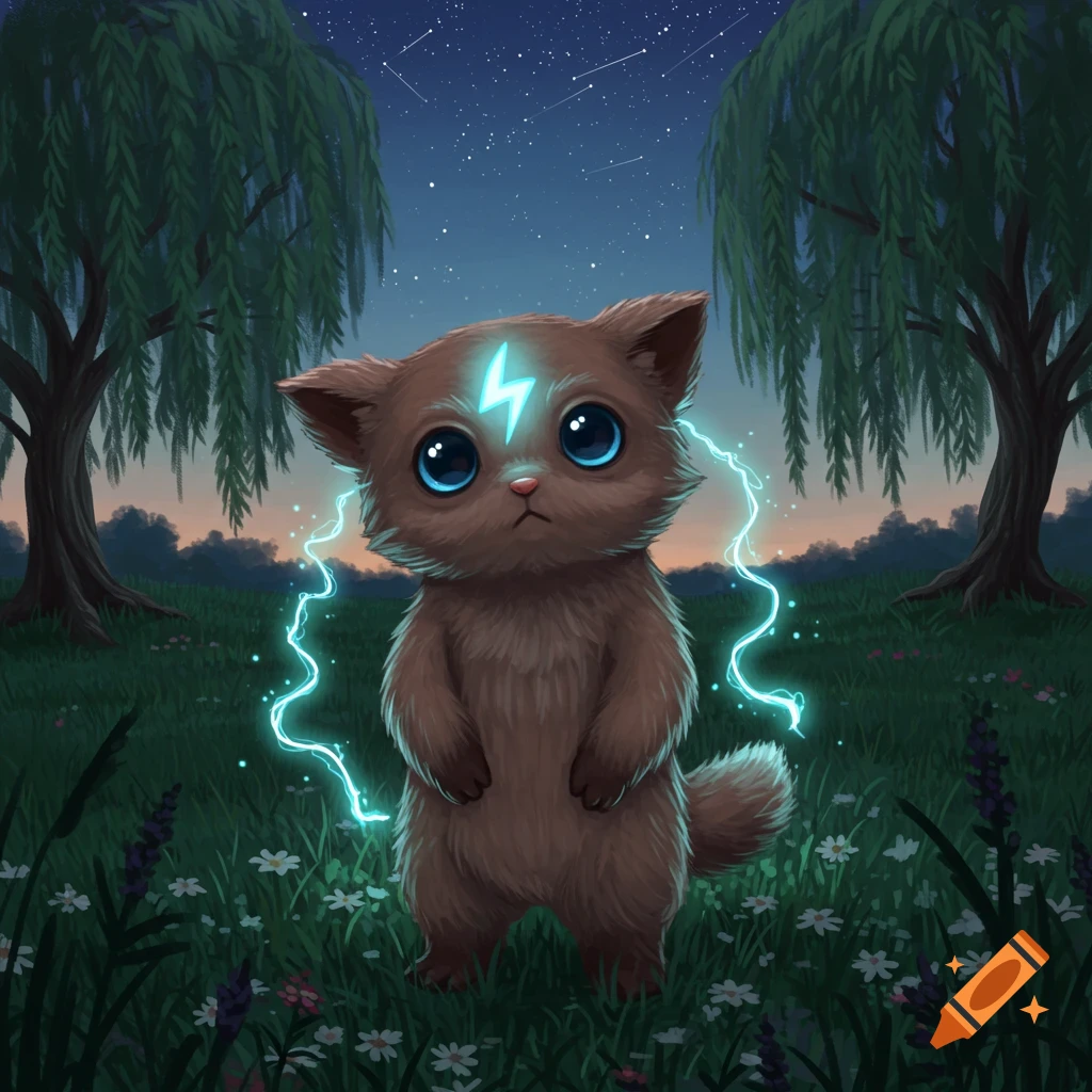 A cute brown creature with large blue eyes and a glowing lightning bolt on its forehead stands in a grassy field at night.