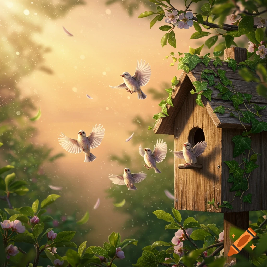 Several small birds flying around a wooden birdhouse, with one perched at the entrance, surrounded by green leaves and pink blossoms under a warm, bright sky.