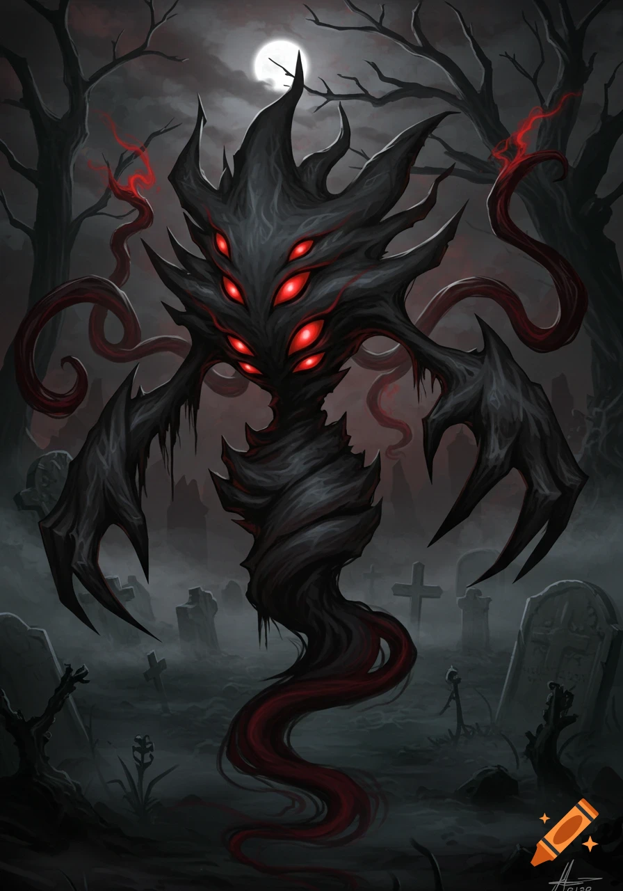 Dark, spiky monster with multiple glowing red eyes and tendrils floats in a foggy graveyard under a full moon, digital art.