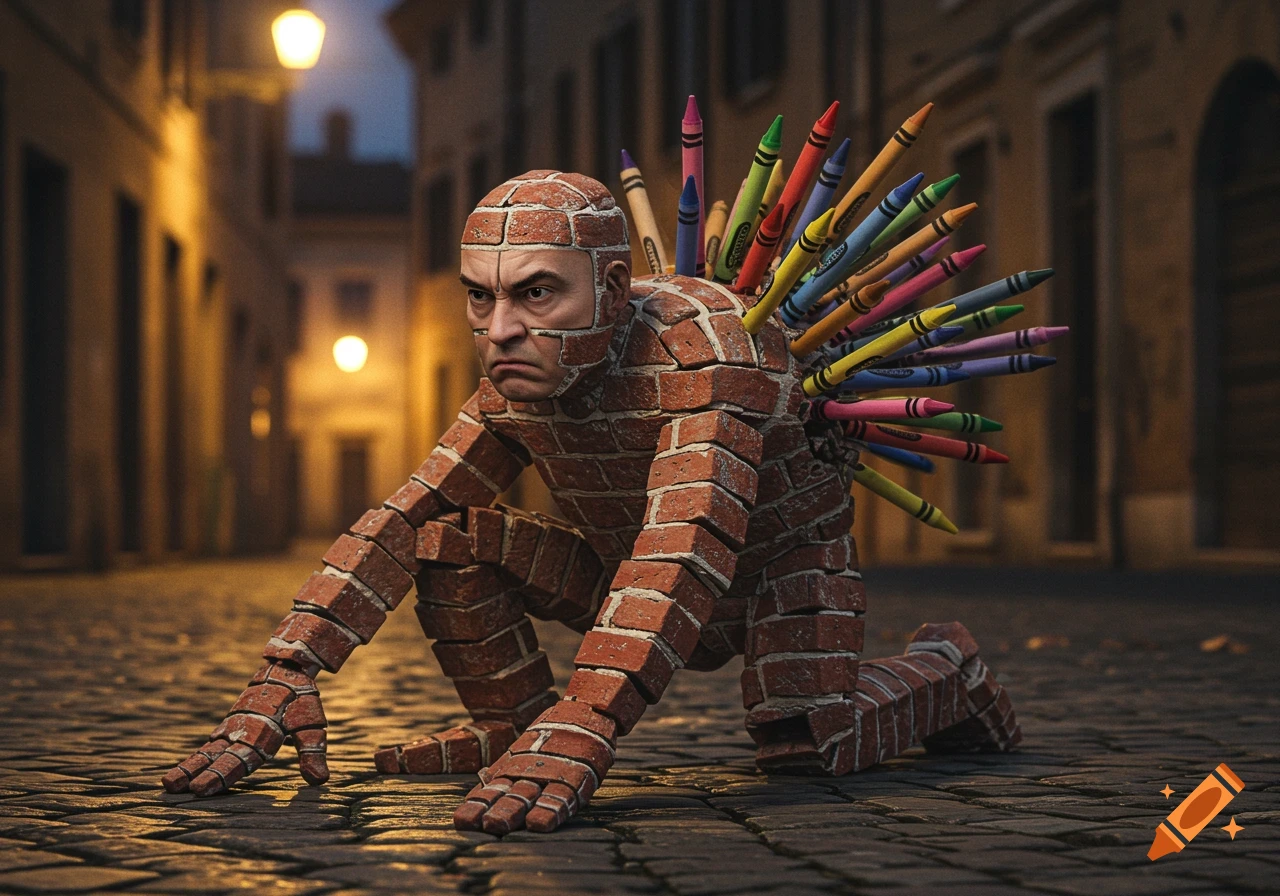 A crawling man made of bricks with an angry face and colorful crayons sticking out of his back on a cobblestone street at dusk.