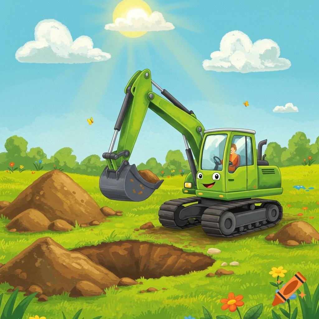 A cartoon green excavator with a happy face digs a hole in a grassy field with dirt piles under a sunny sky.