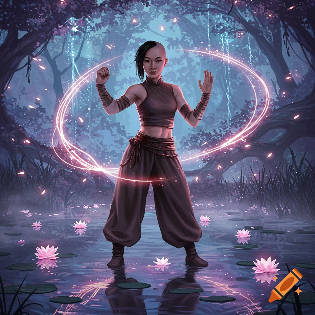 A young Asian woman in martial arts attire stands in a mystical forest with glowing light rings and pink lotus flowers.