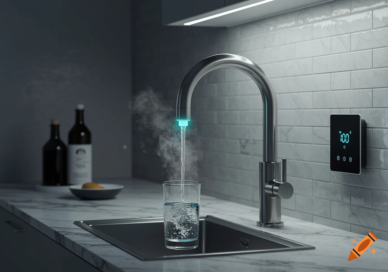 A modern kitchen faucet fills a glass with steaming water in a sink, with a digital control panel displaying '100' on the tiled wall.